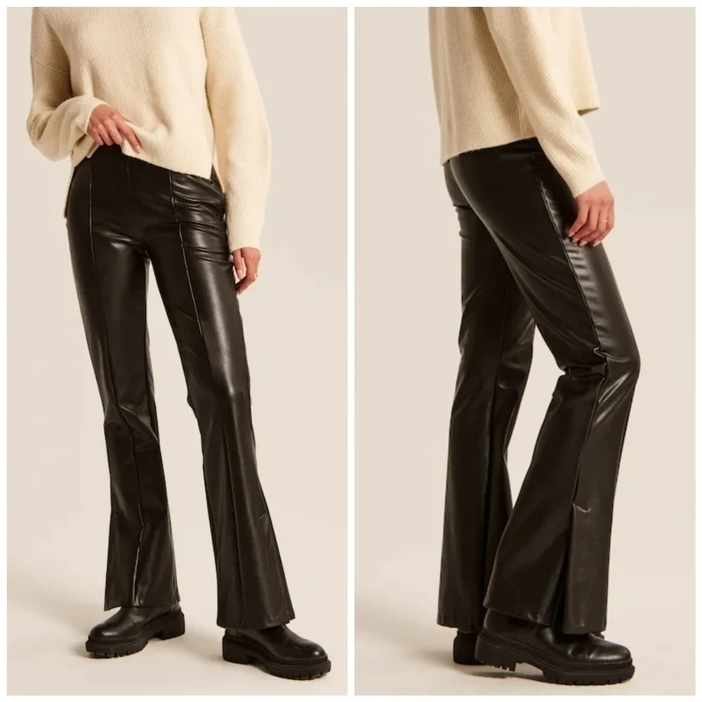 Abercrombie & Fitch Black Vegan Leather High Waisted Flared Split Hem Pant-Small